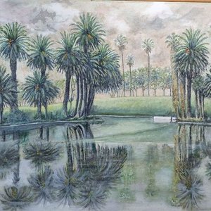 Óleo Paisaje Litoraleño de J. Calatayud: Palmeras y Reflejos en Agua - imagen 2