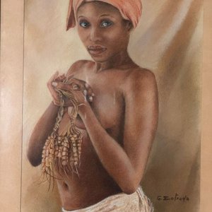 Dibujo Firmado G. Estrada: Retrato de Mujer con Turbante y Semillas - imagen 4