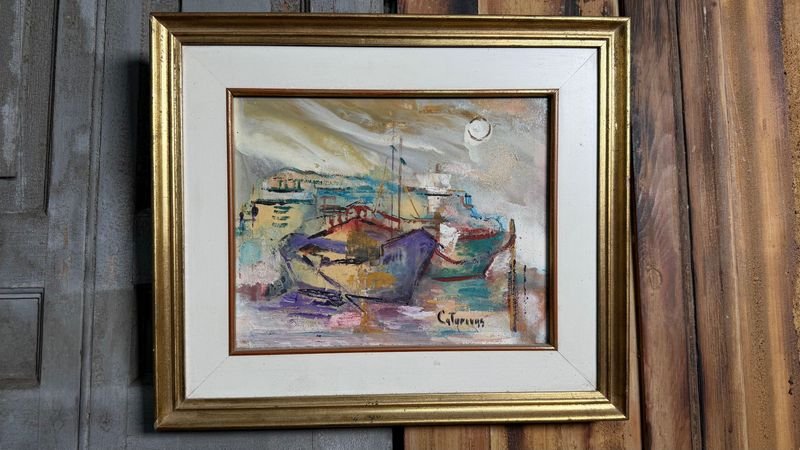 Óleo "Barcos en Puerto" de Corina Catarivas, 26x21cm