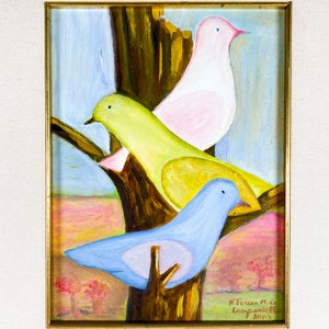Cuadro al óleo sobre tela: Aves en árbol, firmado N. Teresa M. de Lampariello, 2003 - imagen 2