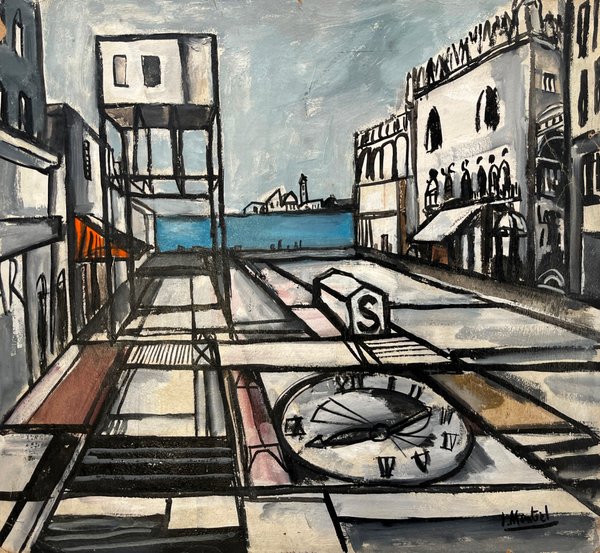 Oleo "Perspectiva con reloj" de Jonio Montiel, 50 x 55 cm - imagen 1