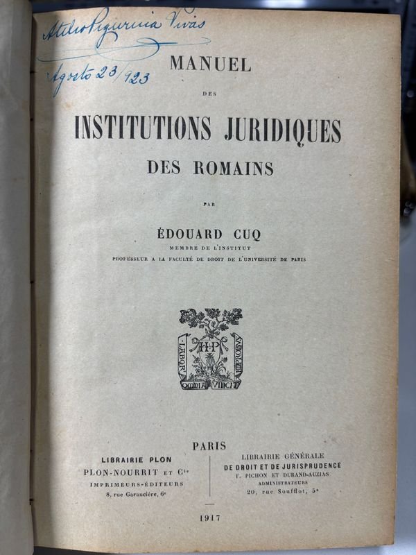 Manual de las Instituciones Jurídicas de los Romanos en Francés 1917 - imagen 2