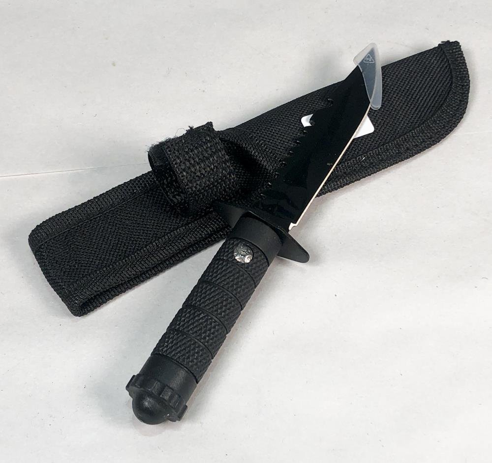 Cuchilla Columbia Negra con Hoja Dentada de 10 cm y Funda de Tela