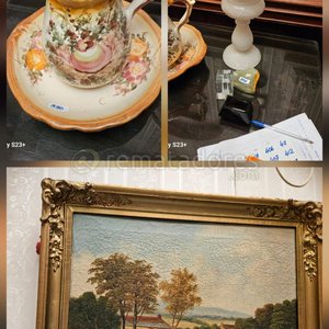 Lote siguiente: Juego de Jarra y Palangana con Pintura de Paisaje y Lámpara de Mesa Antigua
