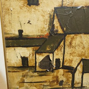 Pintura "Techos" de Jorge Ruano, Acrílico sobre Lienzo Firmado y Fechado 1979 - imagen 4