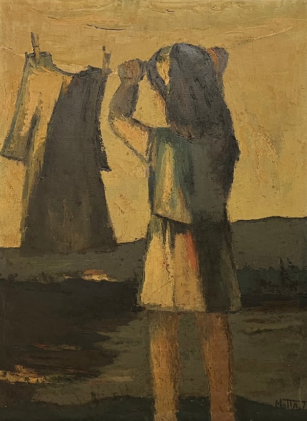 Casimiro Motta "Colgando Ropa" Óleo sobre Tela (80x60 cm) - imagen 1