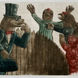 Grabado "La comadreja y las gallinas" de Luis Alberto Solari (155/200) - imagen 1