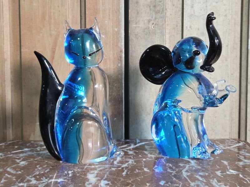 Figura de Gato y Elefante en Cristal Murano Azul