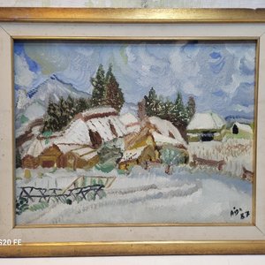 Cuadro al Óleo: Paisaje Invernal con Casas Nevadas y Montañas, Firmado Aída '87 - imagen 2