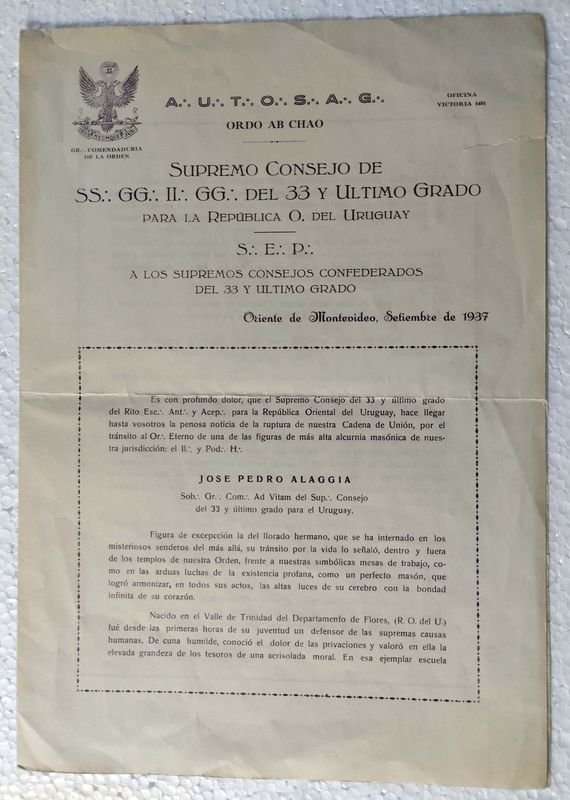 Documento Masonico Uruguayo 1937
