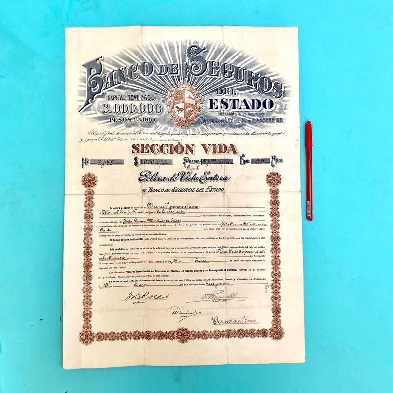 Póliza de Vida Banco de Seguros del Estado - Año 1919, Firmada
