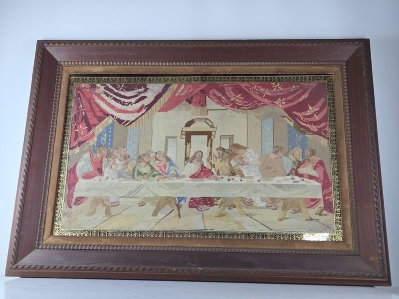 Antiguo telar con la Última Cena en marco de pinotéa - imagen 2