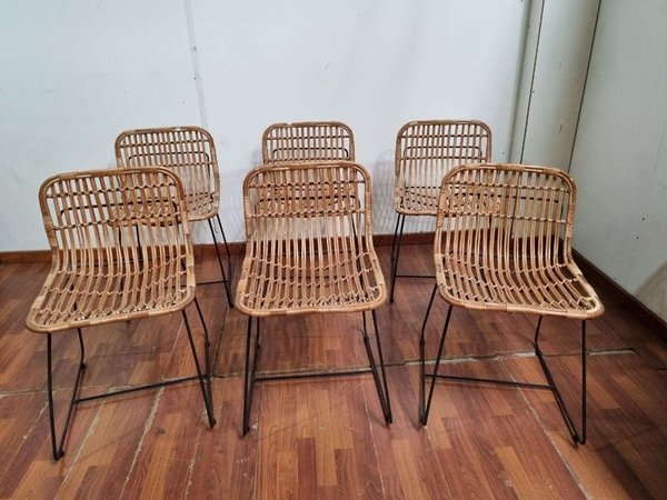 Set de 6 Sillas Nórdicas de Hierro y Rattan Natural