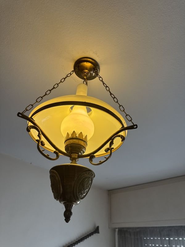 Colgante de bronce con tulipa y fanal en opalina - imagen 3