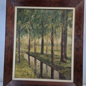 Lote siguiente: Importante Cuadro al Óleo: Paisaje de Arroyo y Arboleda Firmado R. Revelles / Philippart