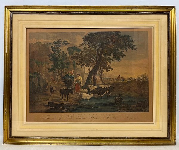 Lote anterior: Grabado colorido de escena pastoral por Frances