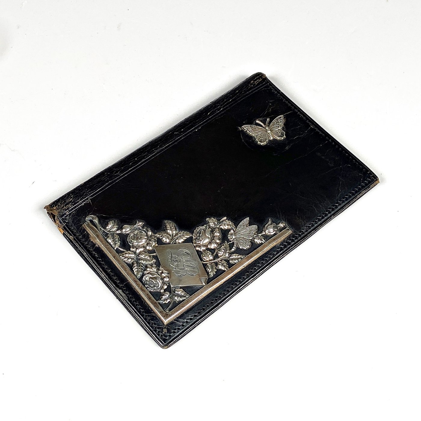 Tarjetero de Cuero y Plata con Diseño de Mariposa y Flores