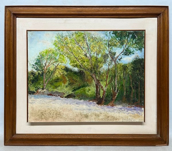 Lote siguiente: Pintura de paisaje con árboles y hierba