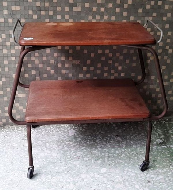 Mesa Auxiliar Antigua de Madera con Ruedas