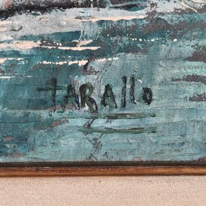 Óleo Jorge Tarallo: Escena Marina con Barcos, Marco Patinado - imagen 4
