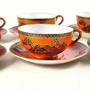 Seis Tazas de Porcelana Oriental con Platillos Estilo Japonés - imagen 3