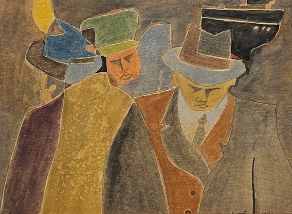 Acuarela y Lápiz "Hombres de Ciudad" de Walter Deliotti - 14 x 19 cm - imagen 1