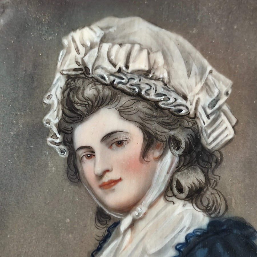 Miniatura pintada a mano por George Romney, retrato femenino con vestimenta de época - imagen 5