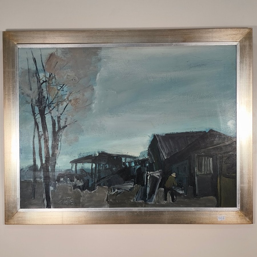 Pintura "Paisaje Rural" de Hugo Nantes, Acrílico sobre Fibra, Marco Plateado