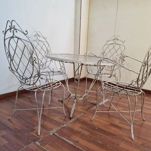 L 911 - Set De 5 Piezas - Antiguo y vistoso juego de mesa y 4 sillas para jardín o exterior, confeccionado en hierro forjado con finos detalles y mesa con tapa de vidrio (Medidas 91x91x69cm) - imagen 3