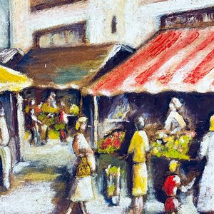 Cuadro al óleo sobre fibra, motivo "Feria", firmado - imagen 2