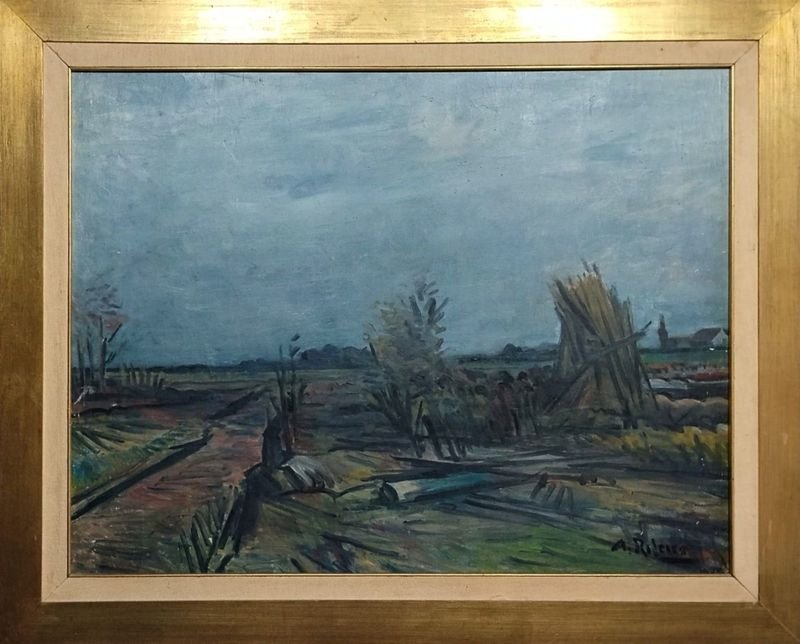Óleo sobre tela atribuido a Alceu Ribeiro: Paisaje Rural