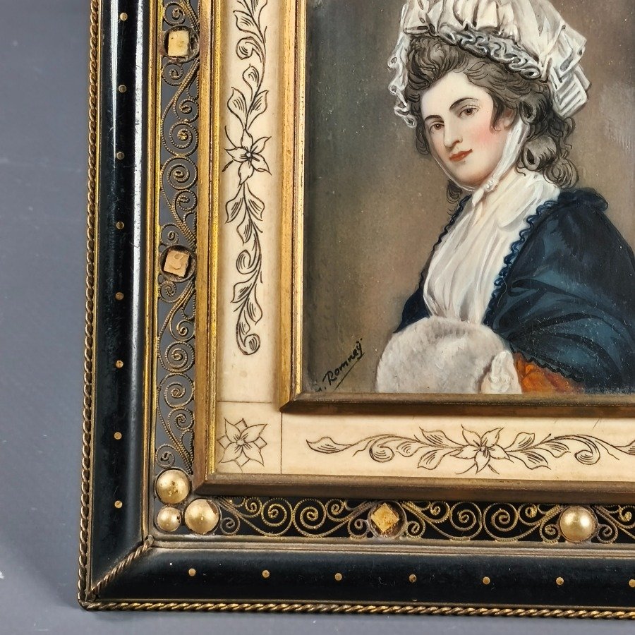 Miniatura pintada a mano por George Romney, retrato femenino con vestimenta de época - imagen 8