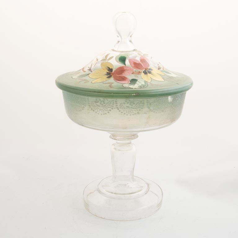 Bombonera Circular de Cristal con Tapa Esmaltada y Flores