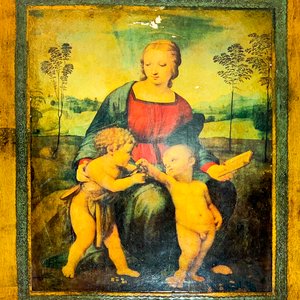 Cuadro Lámina "Dama Leyendo y Niños" Sobre Tabla Dorado 40x34 cm - imagen 2