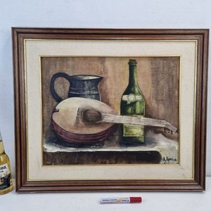 Cuadro al óleo "Bodegón con Laúd" firmado por A. Arrosa, 66x56cm - imagen 2