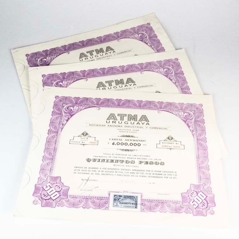 5 Acciones de ATMA Uruguay 1962 - Valor 500 Pesos