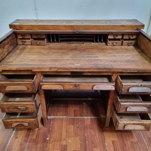 Escritorio Antiguo Americano de Madera con Alzada y Cortina - imagen 5