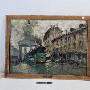 Lote siguiente: Óleo Antiguo "Escena Urbana con Tranvía" de Carlo Castelfranchi