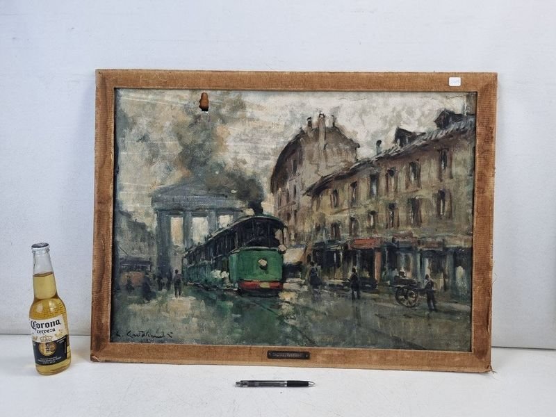 Óleo Antiguo "Escena Urbana con Tranvía" de Carlo Castelfranchi