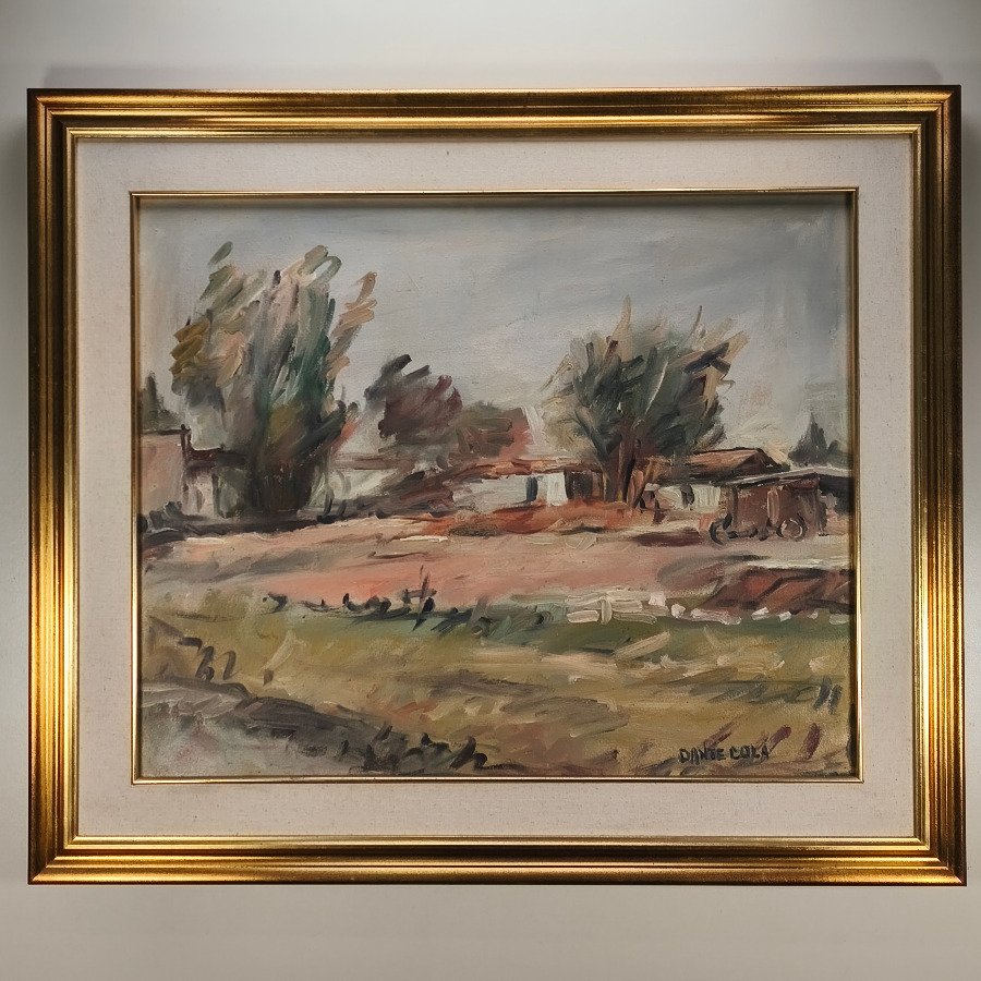 Óleo sobre lienzo "Paisaje Rural" firmado Dante Cola, con marco dorado