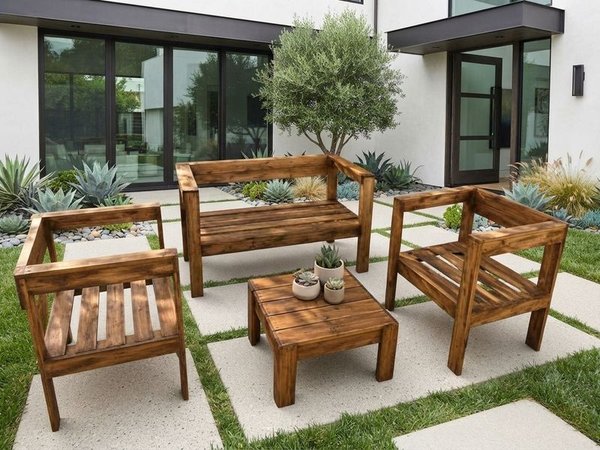 Juego de Muebles de Exterior en Madera: Mesa Ratona y Tres Bancos