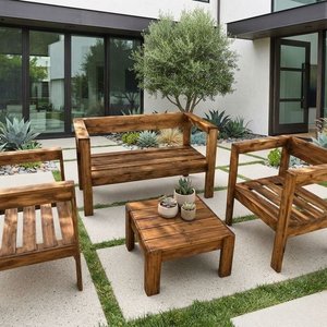 Lote siguiente: Juego de Muebles de Exterior en Madera: Mesa Ratona y Tres Bancos