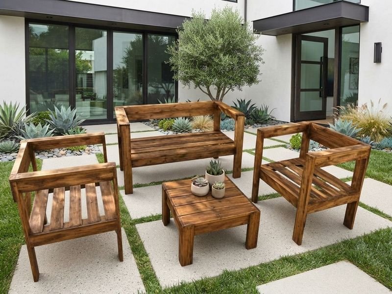 Juego de Muebles de Exterior en Madera: Mesa Ratona y Tres Bancos