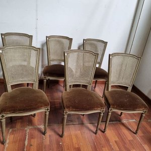Lote siguiente: Juego de 6 Sillas Luis XV Estilo Francés con Respaldo Esterillado y Asiento de Pana Visón