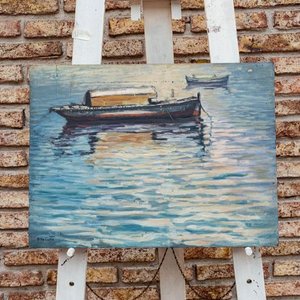 Lote siguiente: Pintura al óleo "Barcos en el Puerto" de Aldo Curto