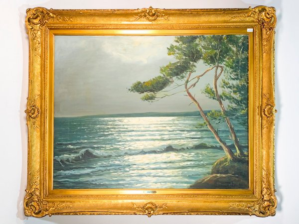 Cuadro al óleo sobre tela: Paisaje marino nocturno firmado Demarly - imagen 1