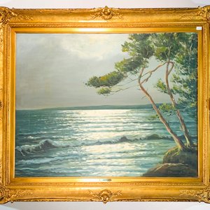 Cuadro al óleo sobre tela: Paisaje marino nocturno firmado Demarly - imagen 1