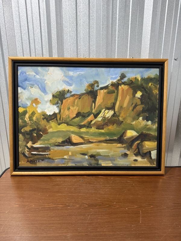 Oleo sobre Tela: Paisaje con Barrancas y Vegetación Firmado R. Pérez '95