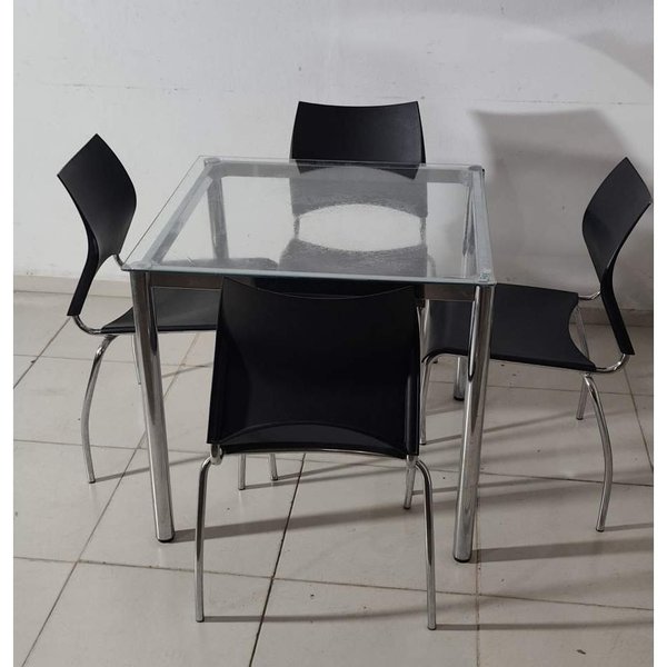 Juego de Comedor: Mesa de Vidrio con Patas Cromadas y 4 Sillas PVC Negras