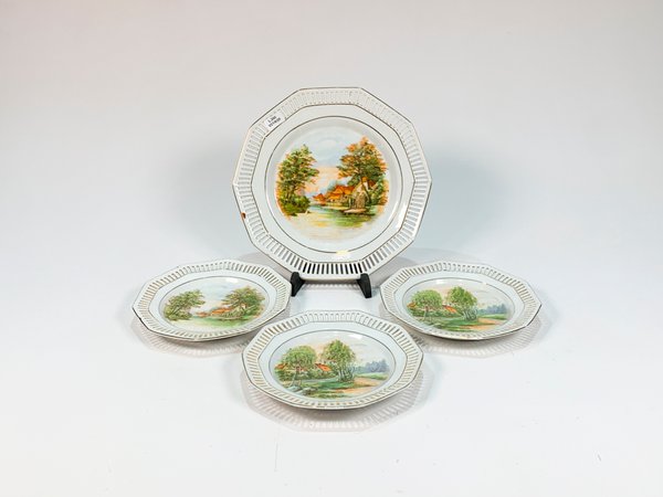 Juego de postre de porcelana alemana Schumann con paisaje y guarda calada